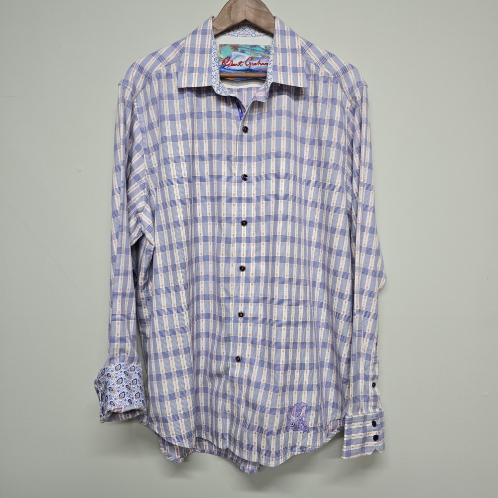 Robert Graham Plaid Button Up Shirt Mens XL Purple Contrast Cuff Maximalist